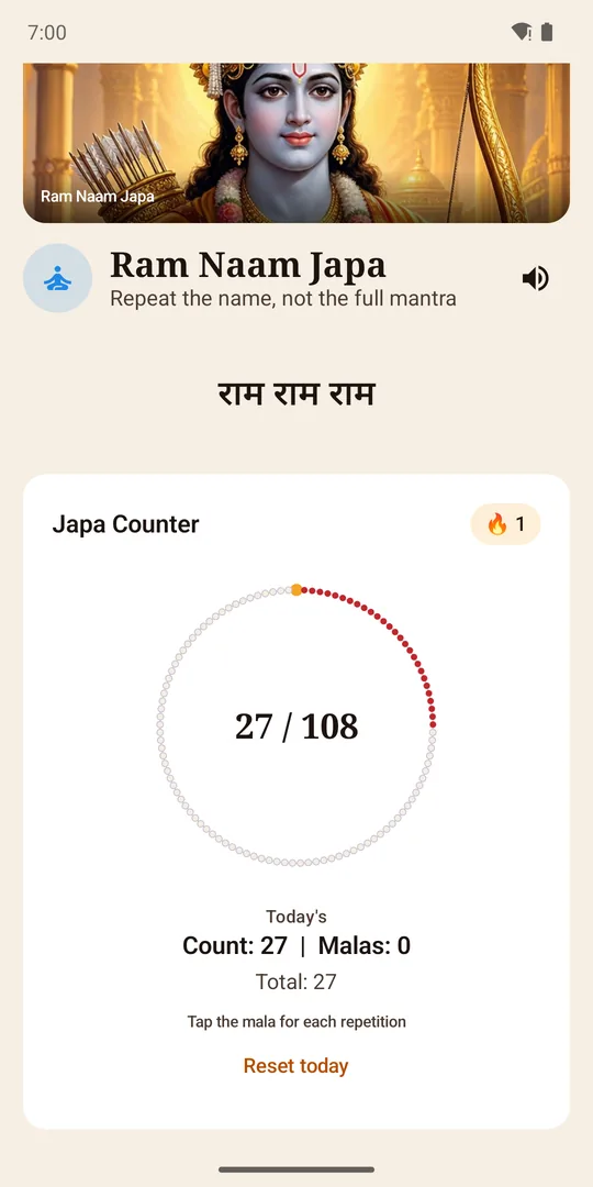 Ram naam japa counter at 27 of 108