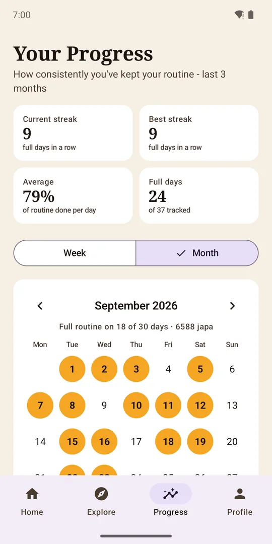 Progress tab showing a 9-day streak and a monthly calendar